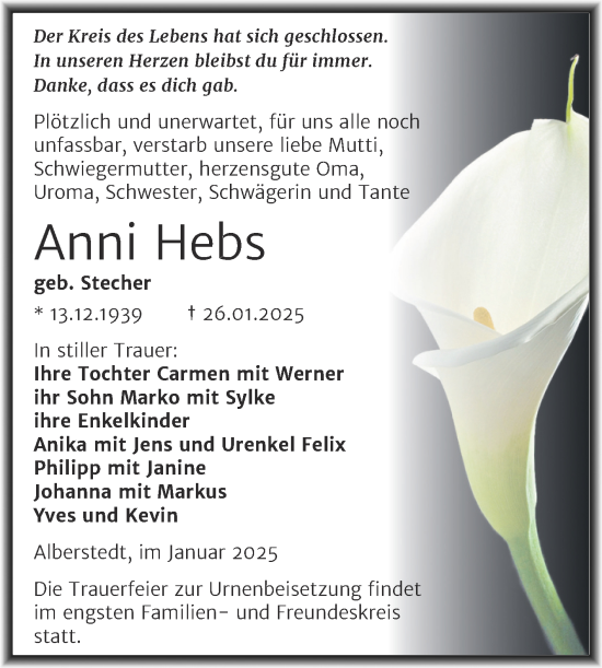 Traueranzeige von Anni Hebs von Trauerkombi Merseburg