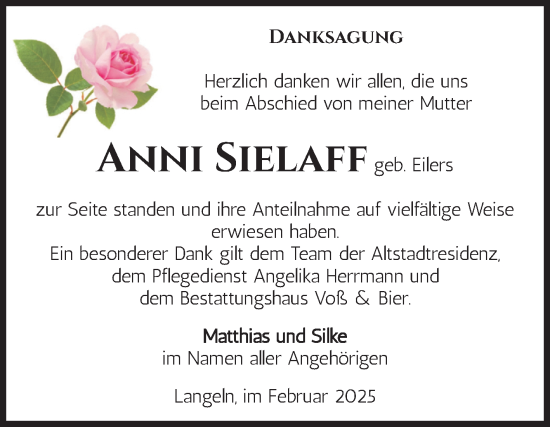 Traueranzeige von Anni Sielaff von Volksstimme Wernigerode
