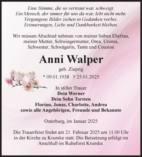 Traueranzeige von Anni Walper von Volksstimme Altmark Ost