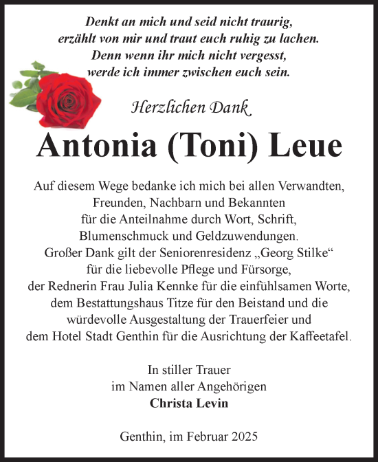 Traueranzeige von Antonia Leue von Volksstimme Burg/Genthin