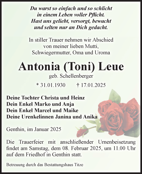 Traueranzeige von Antonia Leue von Volksstimme Burg/Genthin