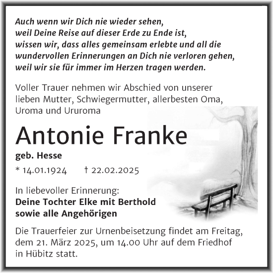 Traueranzeige von Antonie Franke von Trauerkombi Mansfelder Land