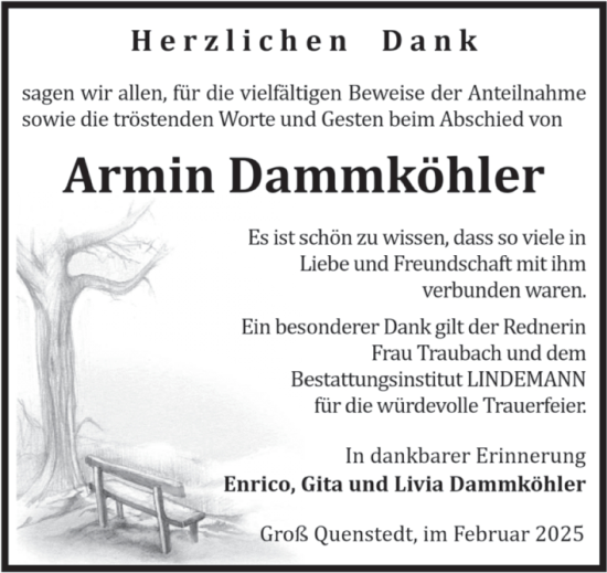 Traueranzeige von Armin Dammköhler von Volksstimme Halberstadt