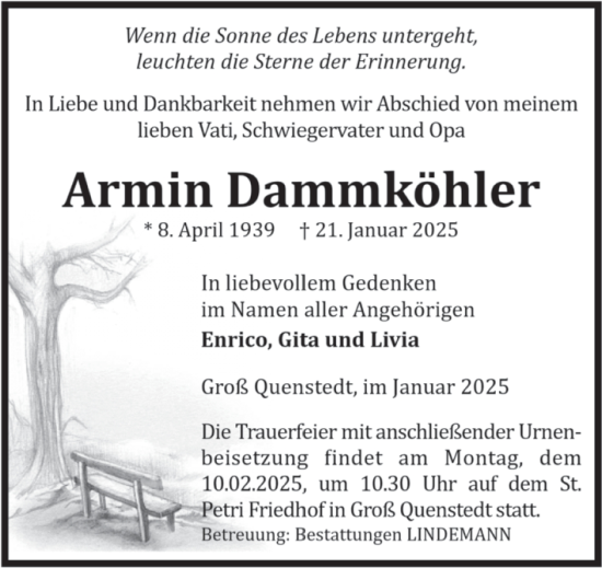 Traueranzeige von Armin Dammköhler von Volksstimme Halberstadt