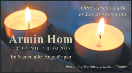 Traueranzeige von Armin Hom von Volksstimme Haldensleben/Wolmirstedt