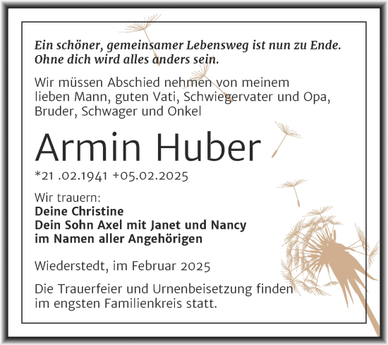 Traueranzeige von Armin Huber von Trauerkombi Mansfelder Land