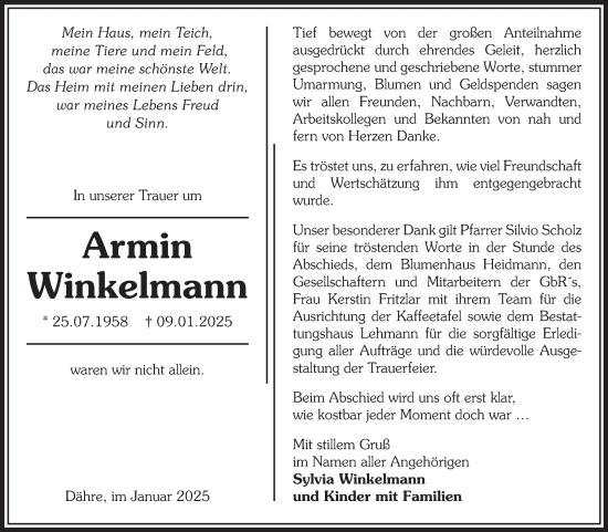Traueranzeige von Armin Winkelmann von Volksstimme Altmark West