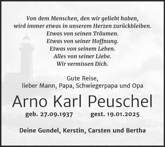 Traueranzeige von Arno Karl Peuschel von Trauerkombi Merseburg