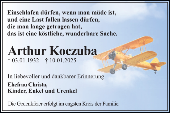 Traueranzeige von Arthur Koczuba von Trauerkombi Dessau