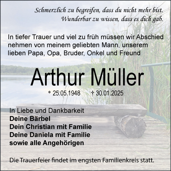 Traueranzeige von Arthur Müller von Trauerkombi Wittenberg