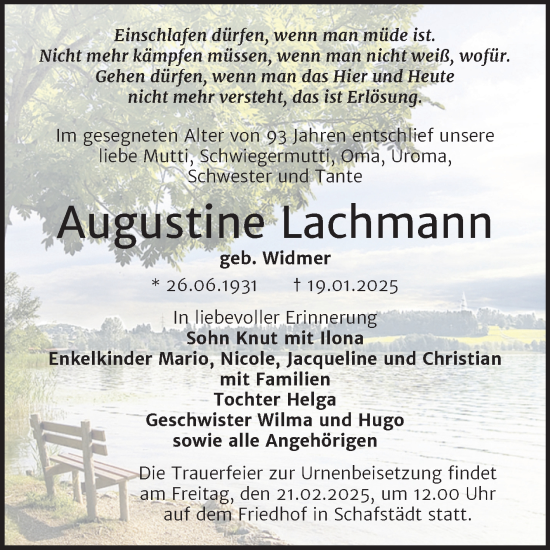 Traueranzeige von Augustine Lachmann von Trauerkombi Merseburg