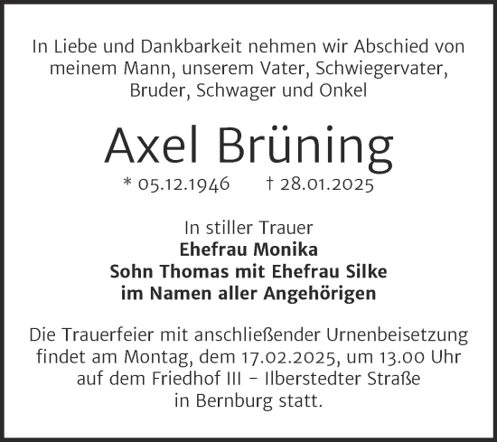 Traueranzeige von Axel Brüning von Trauerkombi Bernburg