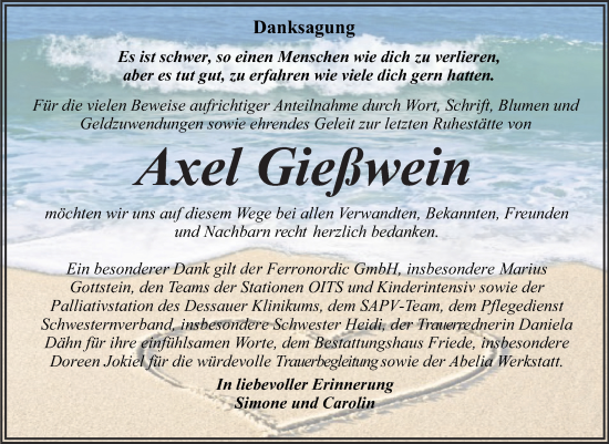 Traueranzeige von Axel Gießwein von Trauerkombi Dessau