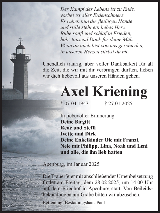 Traueranzeige von Axel Kriening von Volksstimme Altmark West