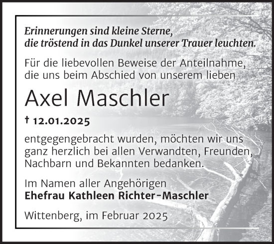 Traueranzeige von Axel Maschler von Trauerkombi Wittenberg