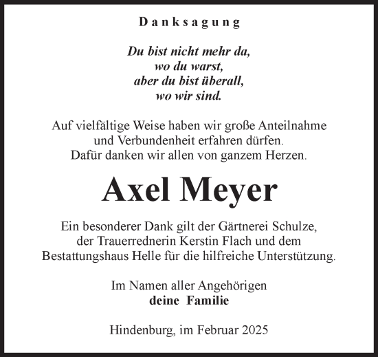 Traueranzeige von Axel Meyer von Volksstimme Altmark Ost