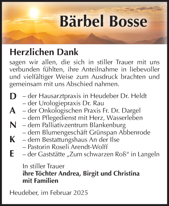 Traueranzeige von Bärbel Bosse von Volksstimme Halberstadt