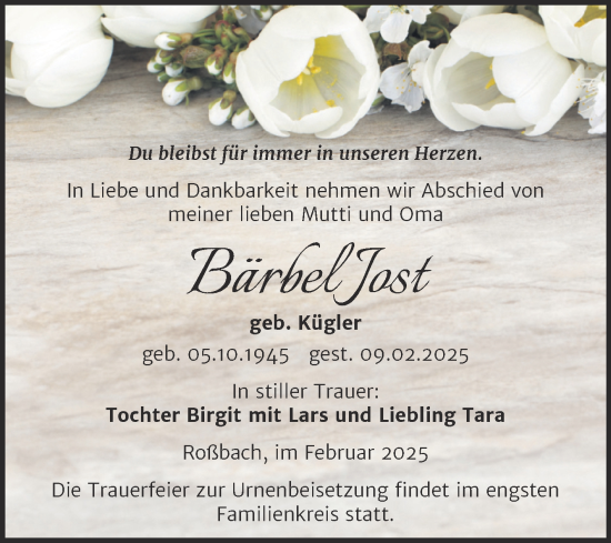 Traueranzeige von Bärbel Jost von Trauerkombi Merseburg