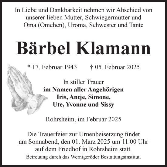 Traueranzeige von Bärbel Klamann von Volksstimme Halberstadt