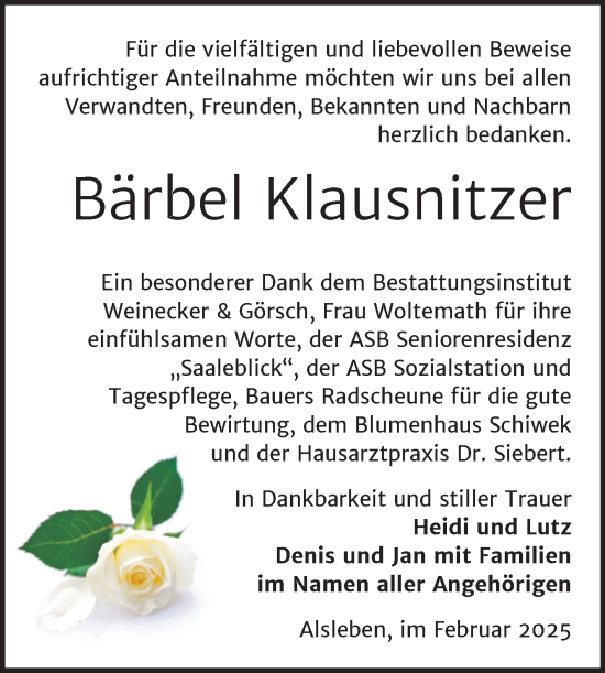 Traueranzeige von Bärbel Klausnitzer von Trauerkombi Bernburg