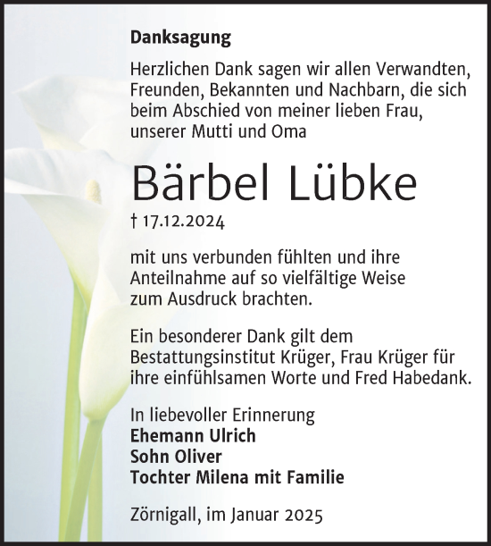 Traueranzeige von Bärbel Lübke von Super Sonntag Wittenberg