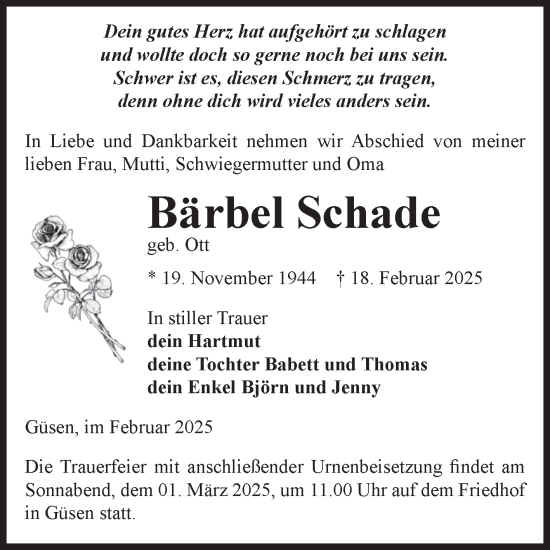 Traueranzeige von Bärbel Schade von Volksstimme Burg/Genthin