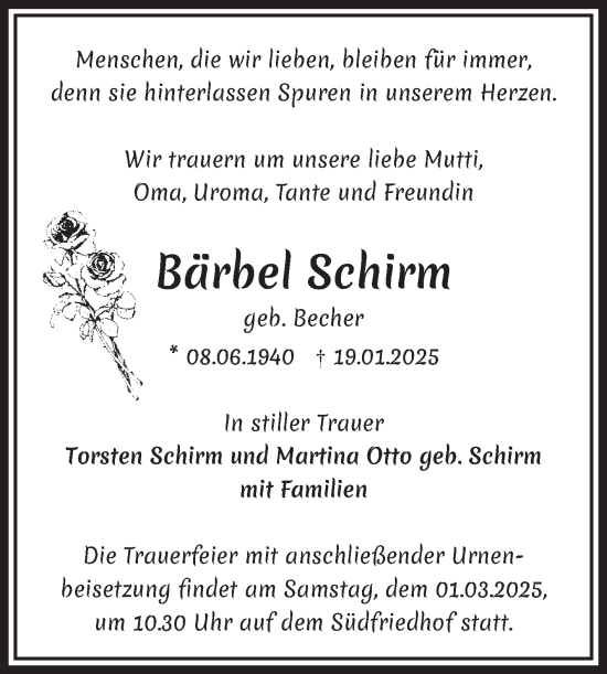 Traueranzeige von Bärbel Schirm von Volksstimme Magdeburg