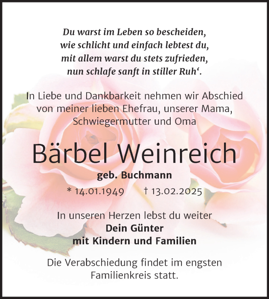 Traueranzeige von Bärbel Weinreich von Trauerkombi Sangerhausen