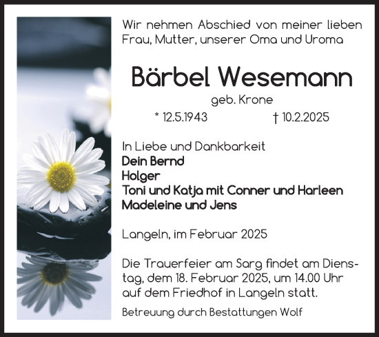Traueranzeige von Bärbel Wesemann von Volksstimme Wernigerode