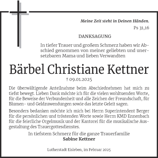 Traueranzeige von Bärbel Christiane Kettner von Trauerkombi Mansfelder Land