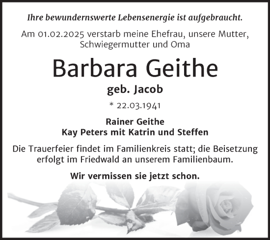 Traueranzeige von Barbara Geithe von Trauerkombi Bitterfeld