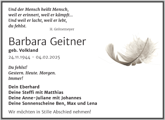 Traueranzeige von Barbara Geitner von Trauerkombi Wittenberg
