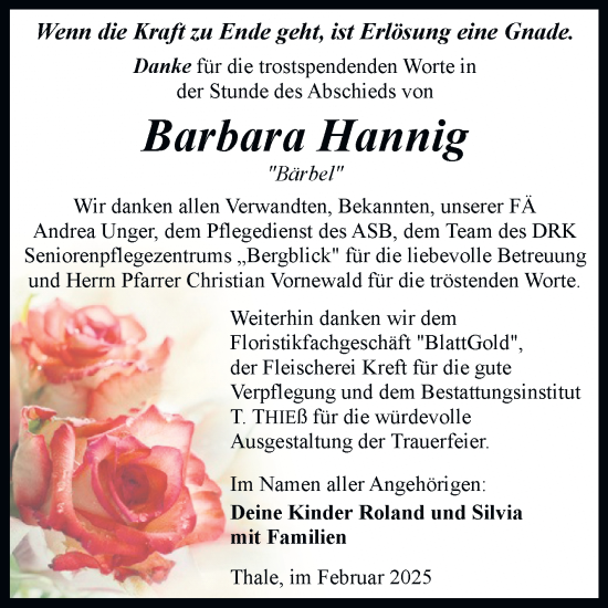 Traueranzeige von Barbara Hannig von Trauerkombi Quedlinburg