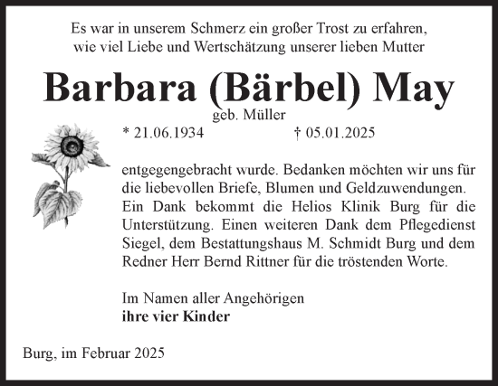 Traueranzeige von Barbara May von Volksstimme Burg/Genthin