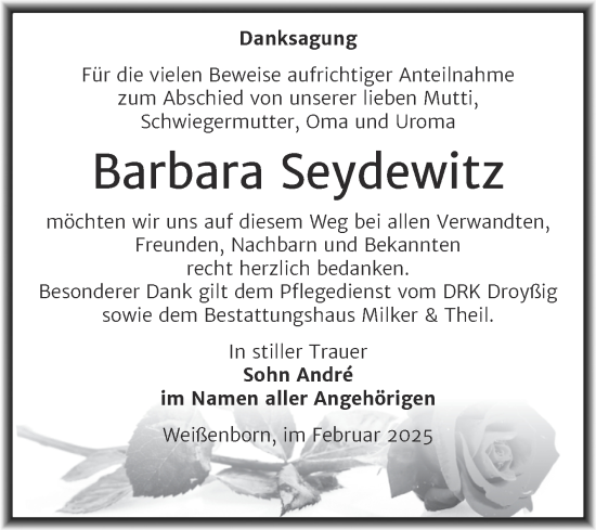 Traueranzeige von Barbara Seydewitz von Trauerkombi Zeitz
