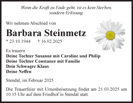 Traueranzeige von Barbara Steinmetz von Volksstimme Altmark Ost