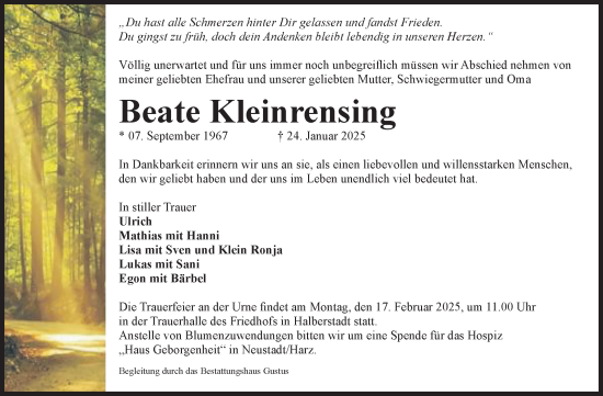 Traueranzeige von Beate Kleinrensing von Volksstimme Halberstadt