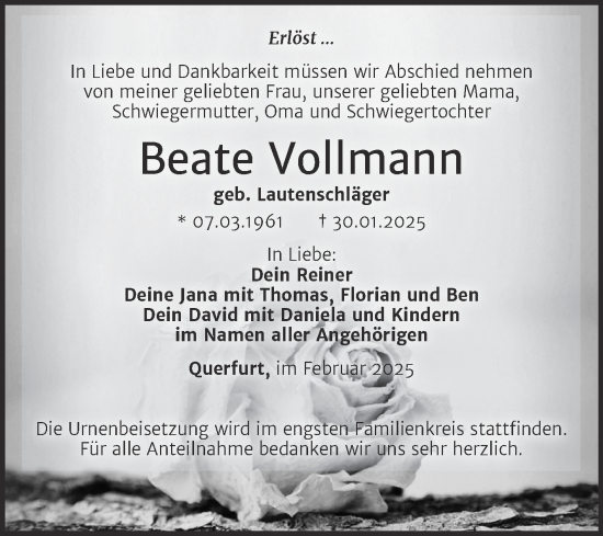 Traueranzeige von Beate Vollmann von Super Sonntag Merseburg/Querfurt