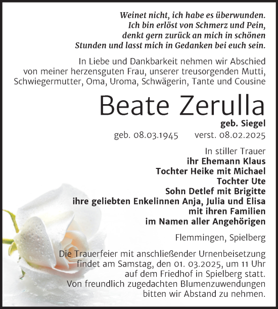 Traueranzeige von Beate Zerulla von Super Sonntag Naumburg/Nebra