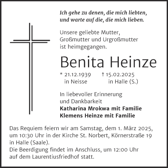 Traueranzeige von Benita Heinze von Mitteldeutsche Zeitung Halle/Saalkreis