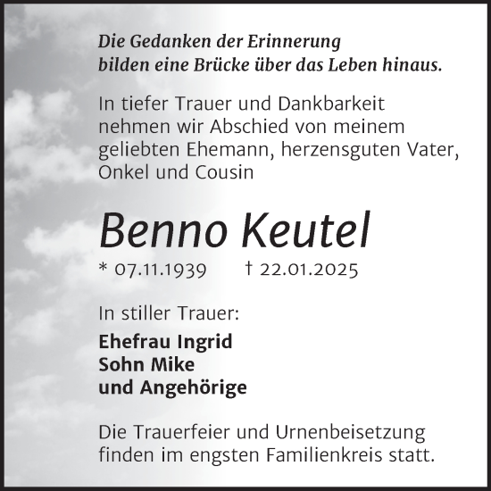 Traueranzeige von Benno Keutel von Trauerkombi Wittenberg