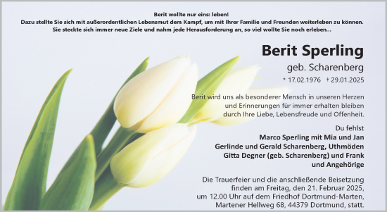 Traueranzeige von Berit Sperling von Volksstimme Haldensleben/Wolmirstedt
