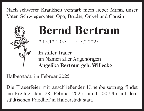 Traueranzeige von Bernd Bertram von Volksstimme Halberstadt
