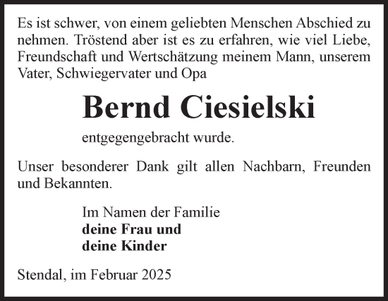 Traueranzeige von Bernd Ciesielski von Volksstimme Altmark Ost