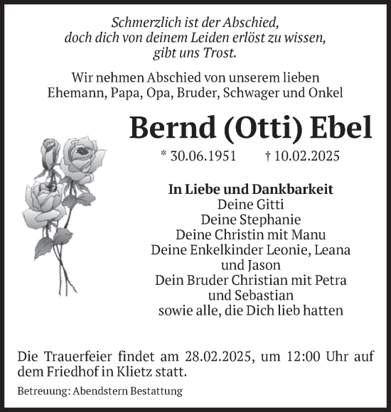 Traueranzeige von Bernd Ebel von Volksstimme Altmark Ost