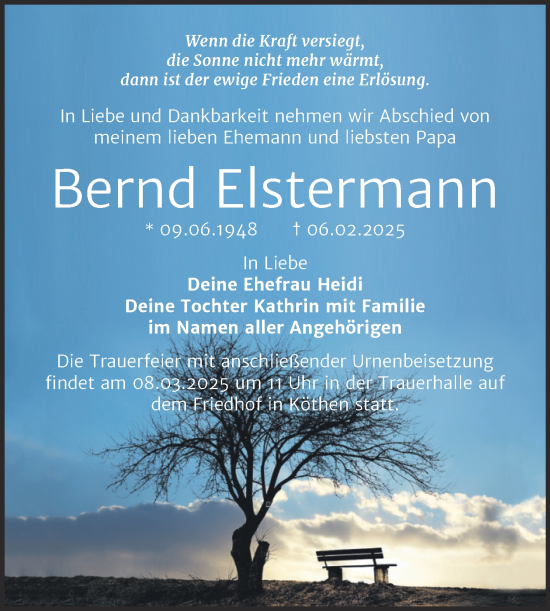 Traueranzeige von Bernd Elstermann von Trauerkombi Köthen