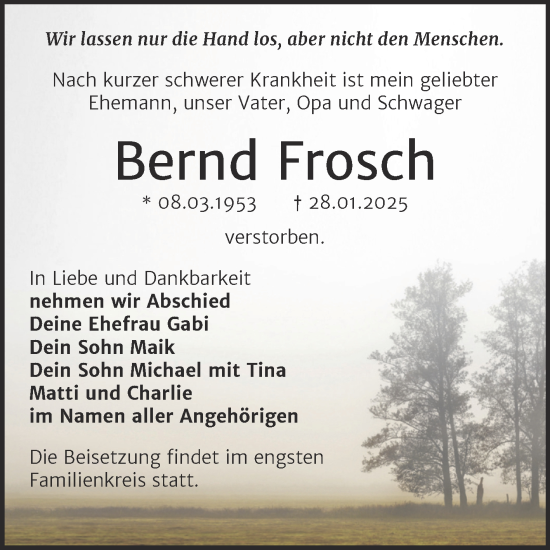 Traueranzeige von Bernd Frosch von Trauerkombi Wittenberg