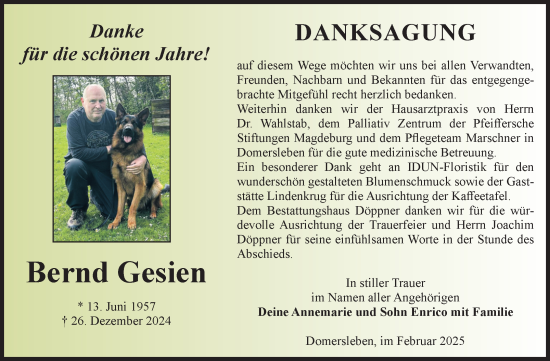 Traueranzeige von Bernd Gesien von Volksstimme Oschersleben/Wanzleben