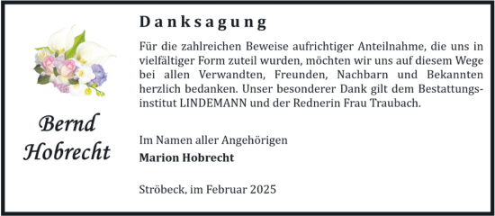 Traueranzeige von Bernd Hobrecht von Volksstimme Halberstadt