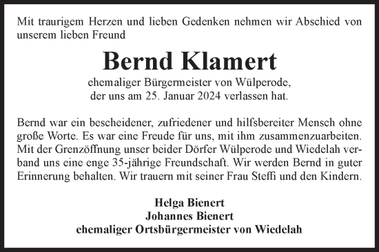 Traueranzeige von Bernd Klamert von Volksstimme Halberstadt